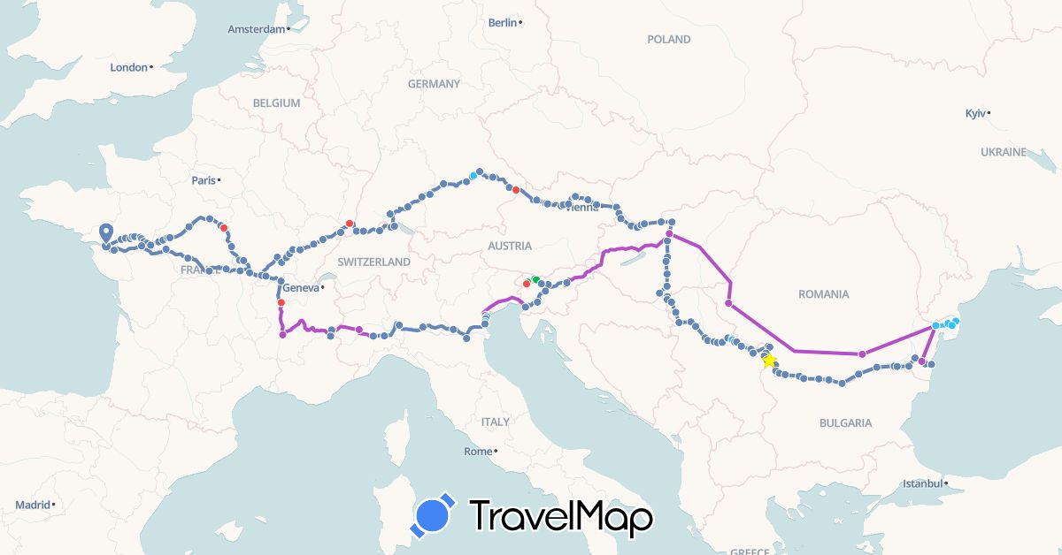 TravelMap itinerary: driving, bus, cycling, train, hiking, boat in Austria, Bulgaria, Switzerland, Germany, France, Hungary, Italy, Romania, Serbia, Slovenia, Slovakia (Europe)